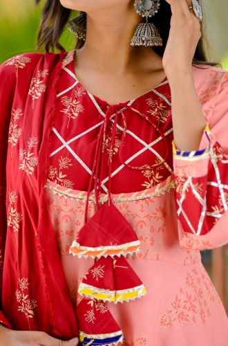 Premium Rayon Pink & Red Printed Flared Kurta with Printed Sharara and Dupatta