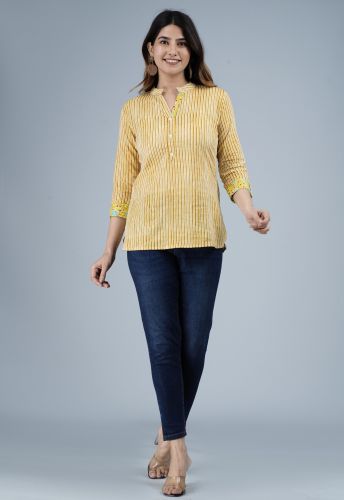 Mustard Stripes Printed Cotton Top