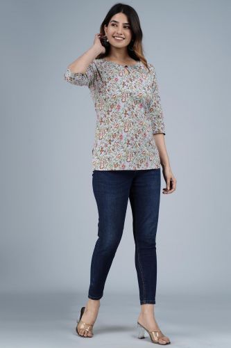 Grey Floral Printed Straight Cotton Top