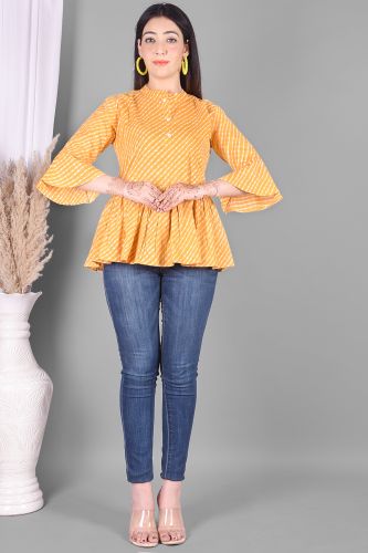 Mustard Leheriya Printed Flared Cotton Top