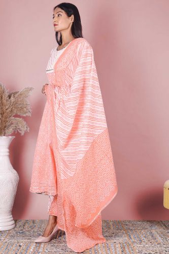 Peach Printed Anarkali Cotton Kurta With Printed Palazzo & Dupatta