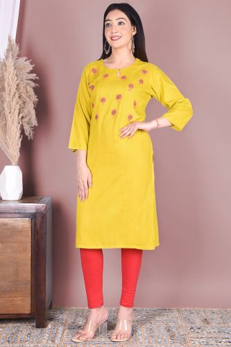 Mustard Rayon Handwork Straight-Fit Kurta