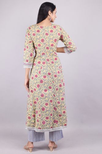 Lemon Yellow & Pink Printed Kurta Palazzo and Dupatta