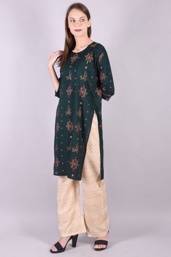 Handwork Printed Green Kurta With Beige Palazzo Set