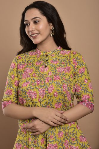 Lime Green and Pink Floral Printed A-Line Kurta with Printed Palazzo Pants Set