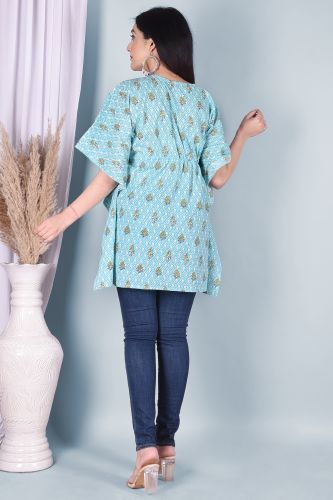 Light Blue Floral Printed Cotton Kaftan