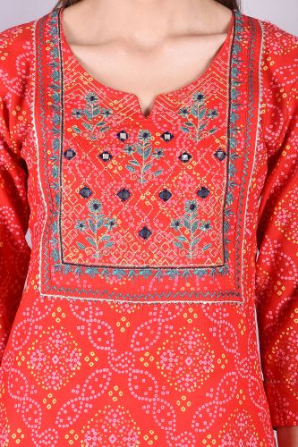 Embroidered Red Bandhej Kurta Palazzo Set