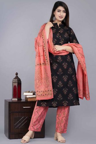 Black & Gold Printed Cotton Kurta Dupatta Set with Printed Cotton Pants