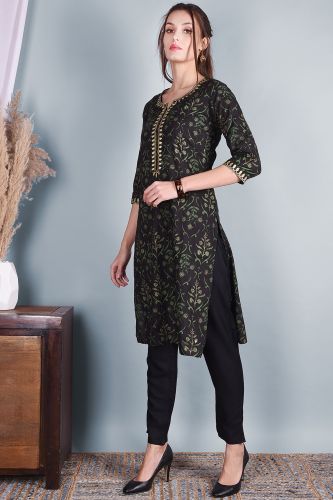 Green & Black Printed Rayon Kurta With Solid Pant 