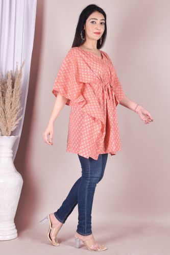 Peach Ethnic Printed Cotton Kaftan