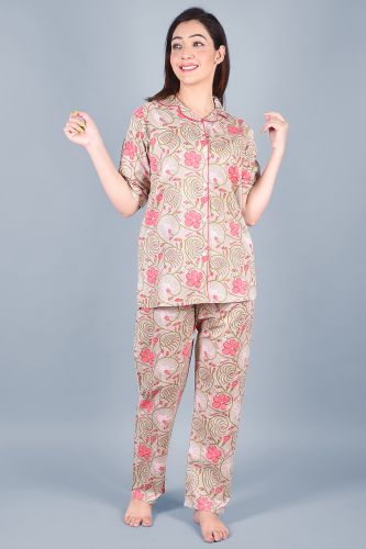 Beige Floral Printed Cotton Night Suit