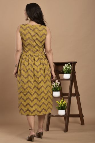 Mustard & Brown printed A-Line Sleeveless Kurti