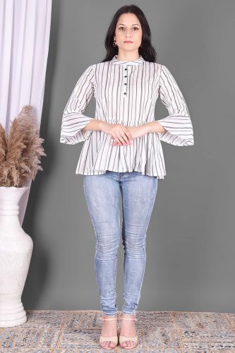 Grey and White Striped Printed Flared Casual Cotton Top