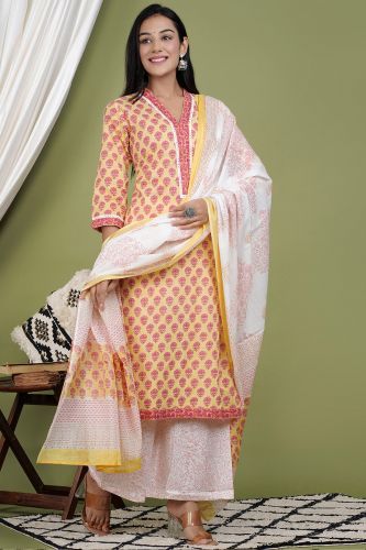 Yellow and White Cotton Printed Straight-Fit Kurta Palazzo with Dupatta