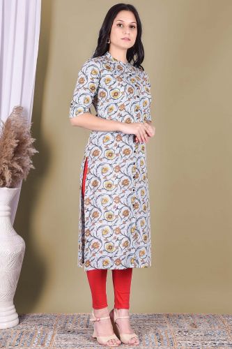 Light Blue Floral Printed Straight Cotton Kurta