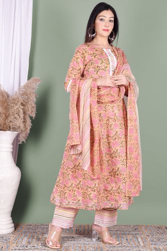 Nude & Pink Floral Printed A-Line Cotton Kurta With Printed Palazzo & Dupatta