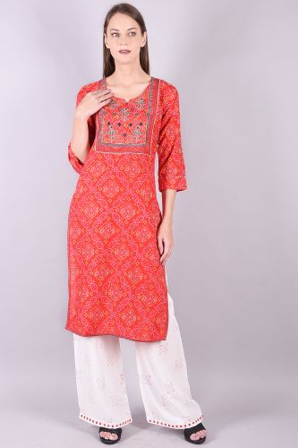 Embroidered Red Bandhej Kurta Palazzo Set