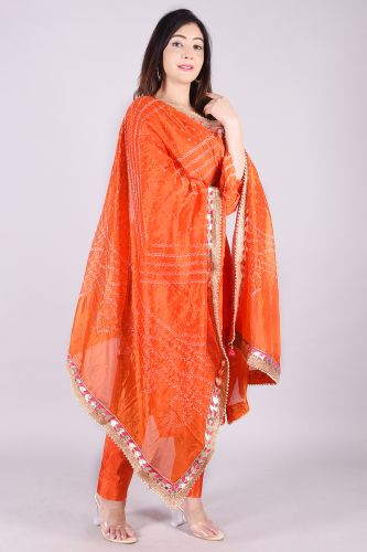Cotton Silk Orange Bandhej Heavy Embroidery Kurta with Trouser and Dupatta