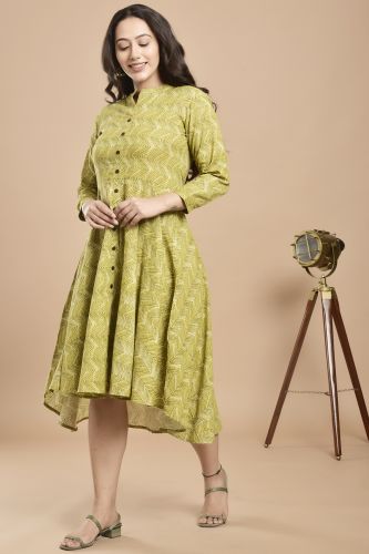 Green Zig-zag Printed Flared A-Line Cotton Kurta
