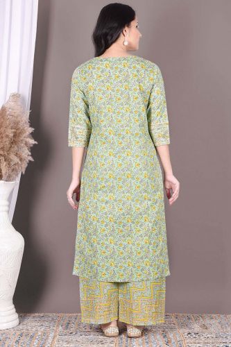 Green Printed Cotton Kurta With Palazzo & Dupatta