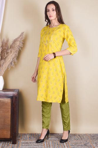 Yellow Printed Rayon Kurta With Green Printed Pants