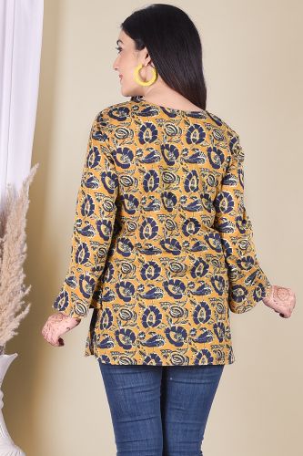 Mustard with Navy Blue Print Ethnic Cotton Top