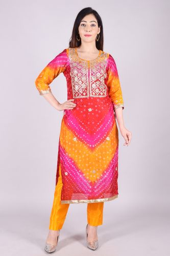 Cotton Silk Bandhej Heavy Embroidered Kurta with Trouser and Dupatta