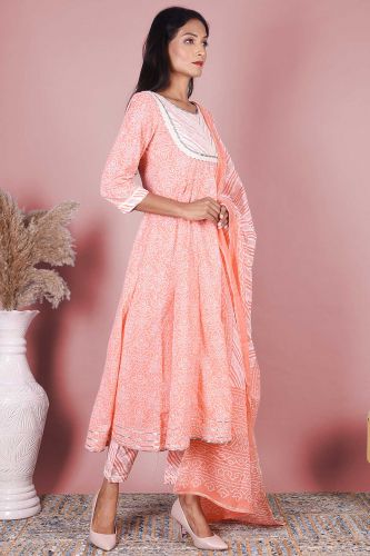 Peach Printed Anarkali Cotton Kurta With Printed Palazzo & Dupatta