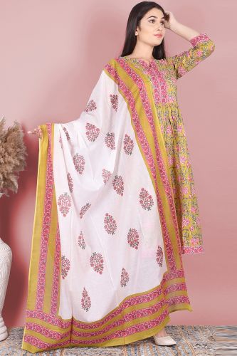 Grey Floral Printed Cotton Kurta with Printed Palazzo and a Dupatta Set