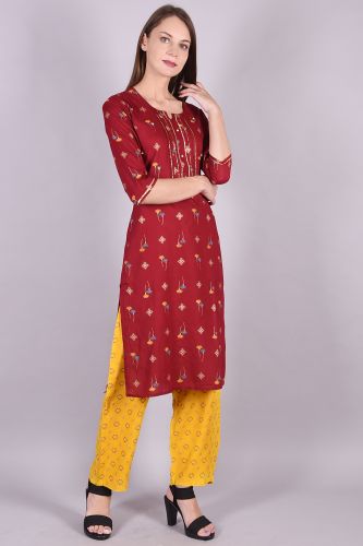 Red Rayon Printed Kurta with Handwork and Yellow Printed Palazzo