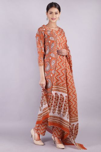 Orange Printed Cotton Kurta With Palazzo & Dupatta