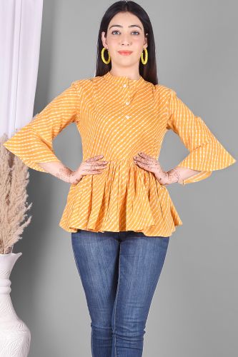 Mustard Leheriya Printed Flared Cotton Top
