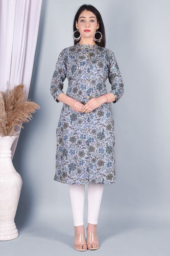 Grey Jaipur Print Straight Cotton Kurta