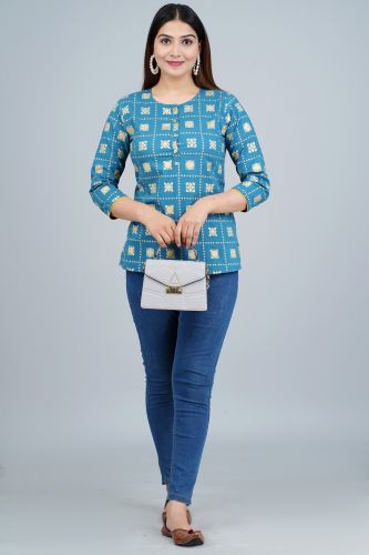 Blue Gold Printed Casual Rayon Top