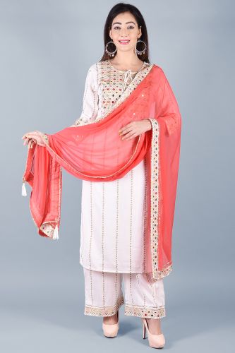 Off-White Ethnic Kurta With Palazzo & Peach Dupatta