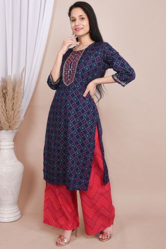 Blue Rayon Ethnic Printed Kurta With Palazzo