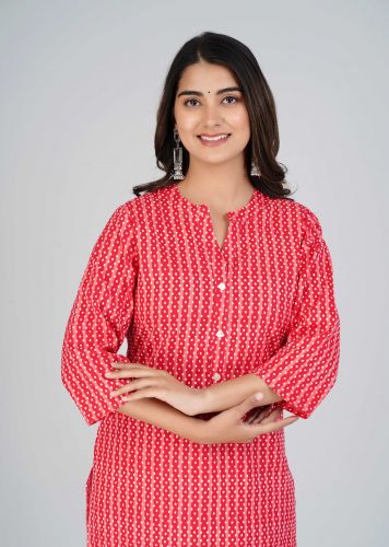 Red Striped Printed Straight Cotton Kurta