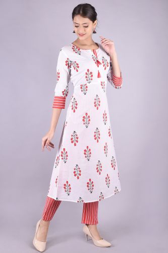 White and Red Printed A-Line Kurta With Palazzo Pants