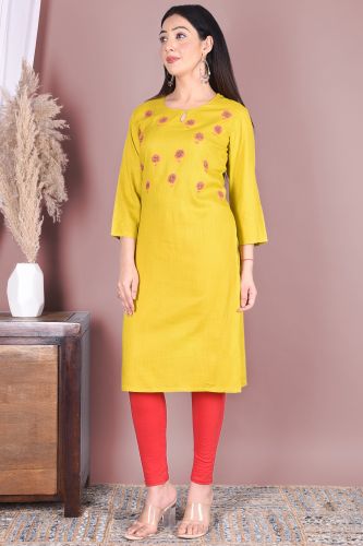 Mustard Rayon Handwork Straight Kurta