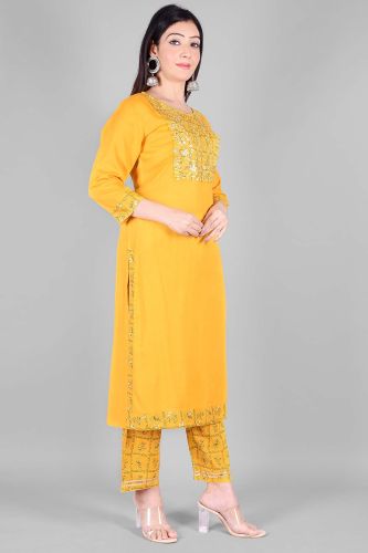 Ethnic Mustard Heavy Embroidered Kurta with Palazzo and Dupatta Set