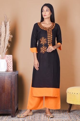 Solid Black Embroidered Rayon Kurta