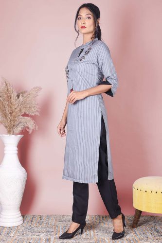 Grey & Black Striped EmbroideGrey Kurta With Black Solid Pant