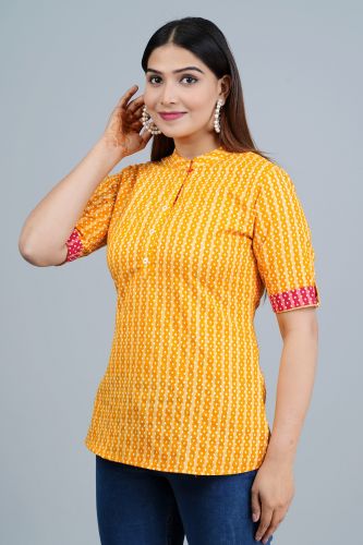 Yellow Striped Printed Cotton Top