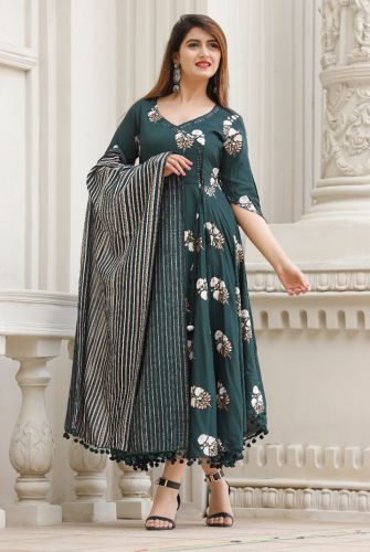 Bottle Green Floral Printed Anarkali Kurta With Striped Printed Dupatta 