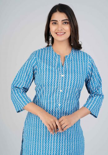 Blue Striped Printed Straight Cotton Kurta