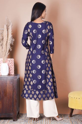 Navy Blue And Gold printed A-Line Rayon Kurta