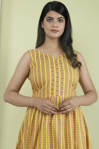 Yellow Stripes Printed A-Line Flared Sleeveless Cotton Kurta