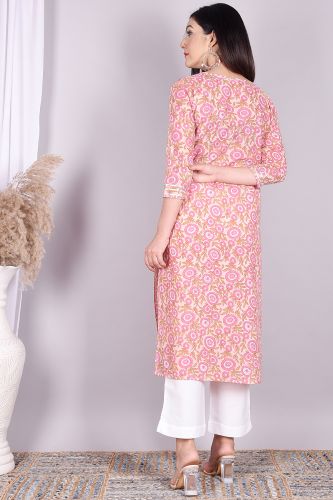 White & Pink Floral Printed Cotton Kurta with Solid White Palazzo and a Printed Dupatta