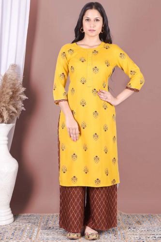 Mustard Printed Kurta With Dark Brown Printed Palazzo 