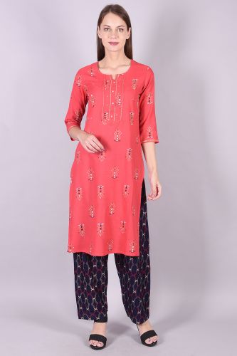 Gold Printed Pink Rayon Kurta with Handwork & Gold Printed Palazzo